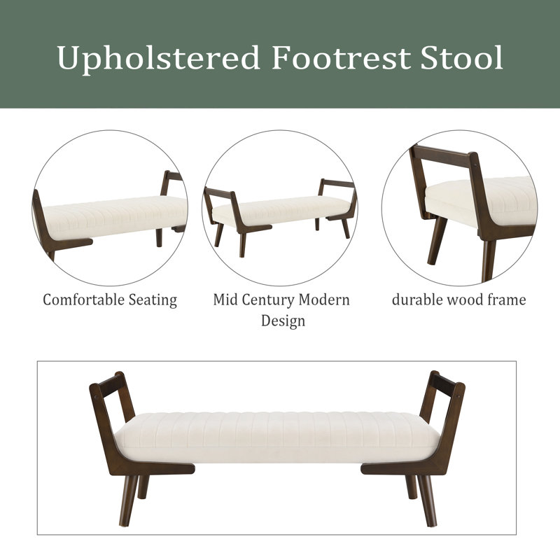 Banc de 52 po Mid-Century avec pieds en bois de noyer, tabouret rembourré avec repose-pieds cannelé pour la cuisine, le salon, la chambre à coucher, le vestibule, l'extrémité du lit
