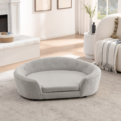 Oversized Size Oval Semi-Enclosed Dog Sofa - Durable Linen Material, Button-Tufted Backrest, High-Center Low-Sides Support & Plush Comfort-Beige