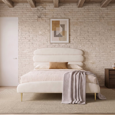 Upholstered Platform Bed Frame with Channel Tufted Headboard, Modern Minimalist Bed with Metal Legs for Contemporary Bedroom Furniture