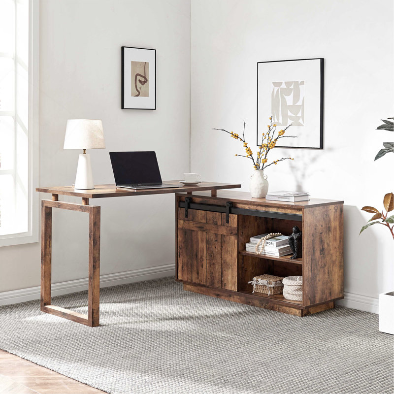 Desk L-Shaped Workstation Home Office Attached Storage Credenza Sliding Barn Door Finished On The Back Reversible Distressed Wood