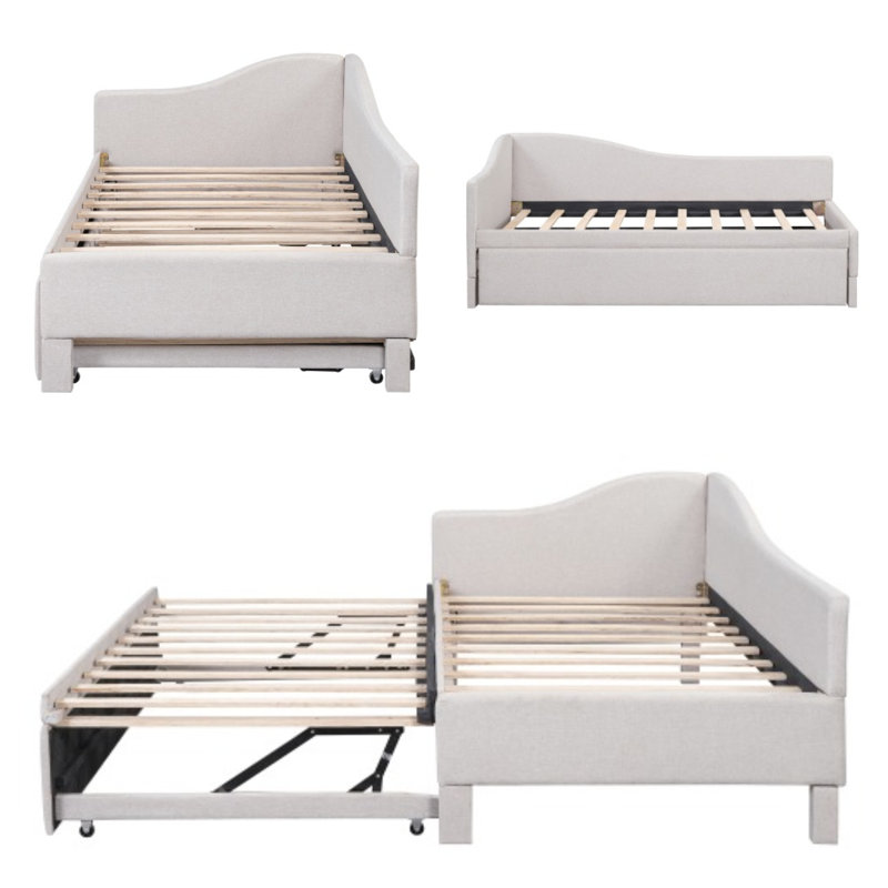 Lit de jour rembourré en forme de L avec couchette Pop Up Wavy Shape, Beige