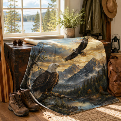 Bald Eagle Blanket with Mountain River Wildlife Scene, Realistic Flannel Throw Blanket Featuring Flying and Perched Eagles for Couch Bed Camping Travel, 40 x 50 in