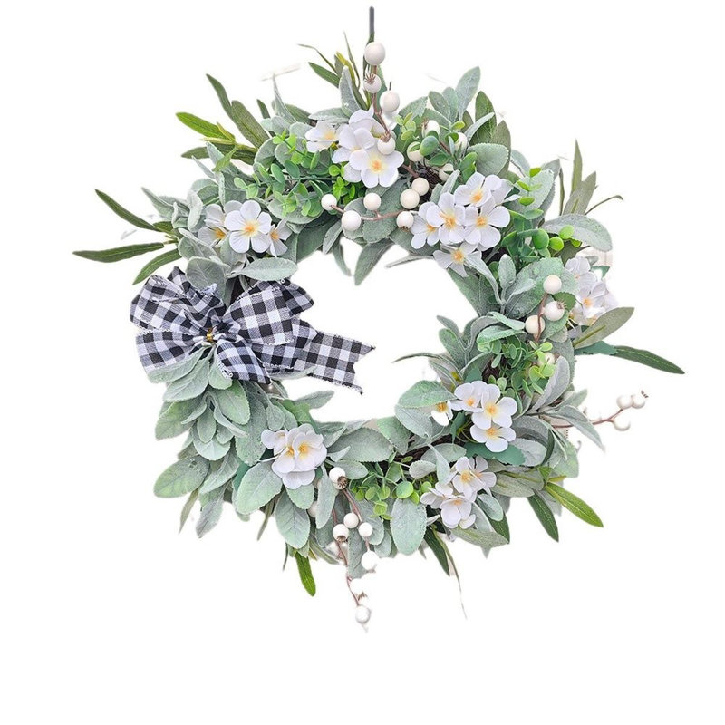 Couronne d'oreille d'agneau de ferme 18,9 "avec nœud en guingan et fleurs blanches - Décoration de porte printemps / été rustique
