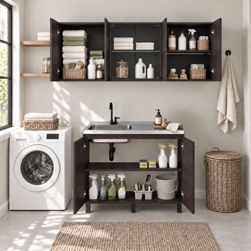 Meuble sous-évier 53,3 x 99,1 x 88,9 cm (21 x 39 x 35 pouces), panneaux de particules, 2 pièces, porte vitrée marron, rangement