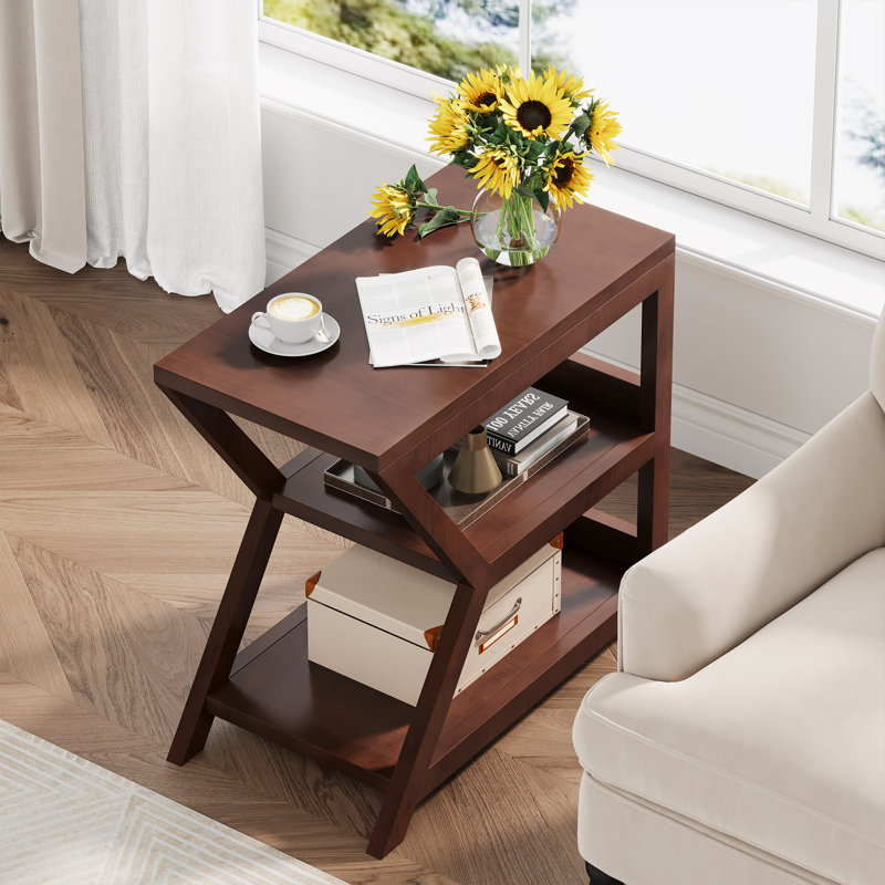 Table de bout à 3 niveaux en bois massif avec rangement ouvert