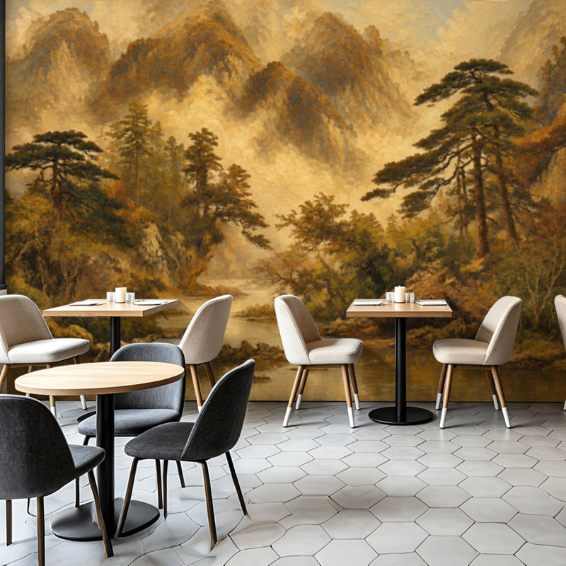 Papier peint adhésif pelez et collez, paysage de montagne brumeux, pin, rivière, tons chauds, art mural auto-adhésif et amovible