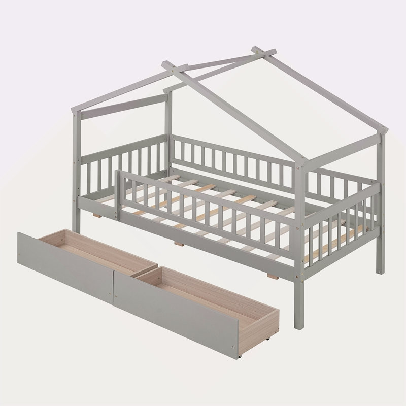 Lit simple en bois avec deux tiroirs, Gris