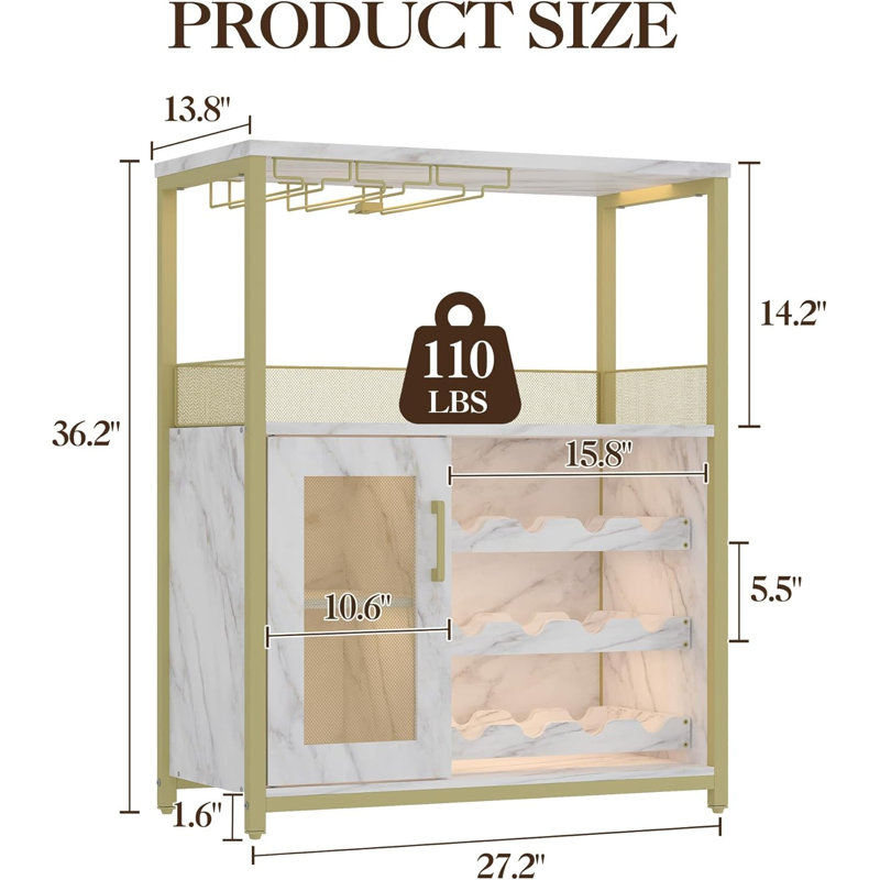 Armoire à vin à 3 niveaux avec support à vin amovible et espace de rangement, armoire à buffet avec porte-verre et porte grillagée, pour la cuisine, le salon et le bar