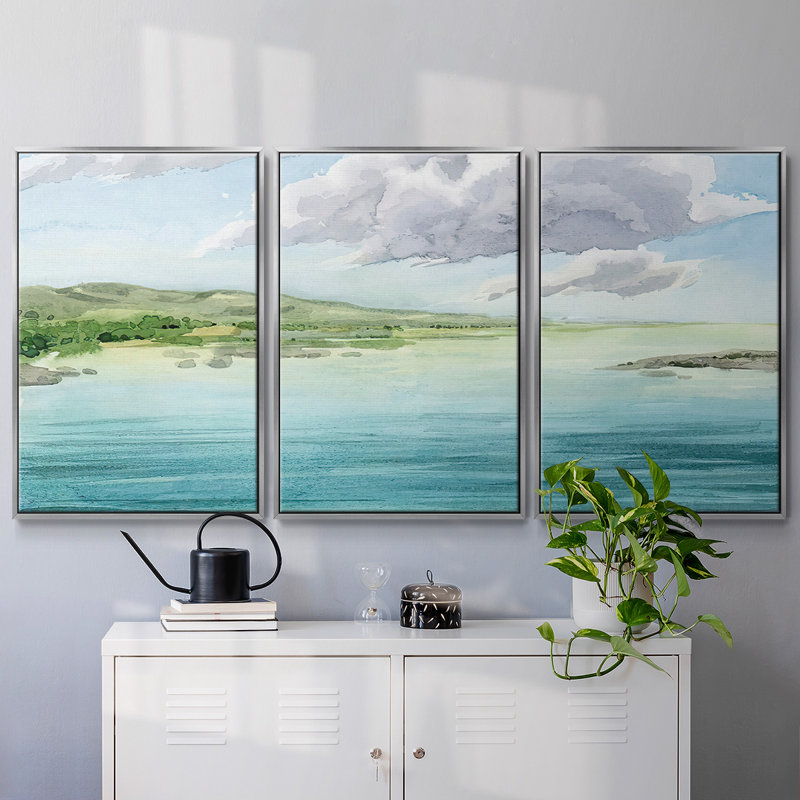 "Clear Lagoon II", peinture sur toile 3 pièces, H 24 po x l 48 po, Encadrement argenté