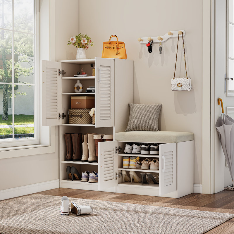 Multi-Functional Shoe Storage Bench - 7+3 Compartments With Adjustable Shelves & Cushion, Freestanding Entryway Organizer For Mudroom/Hallway In White/Oak (MDF/Particle Board)