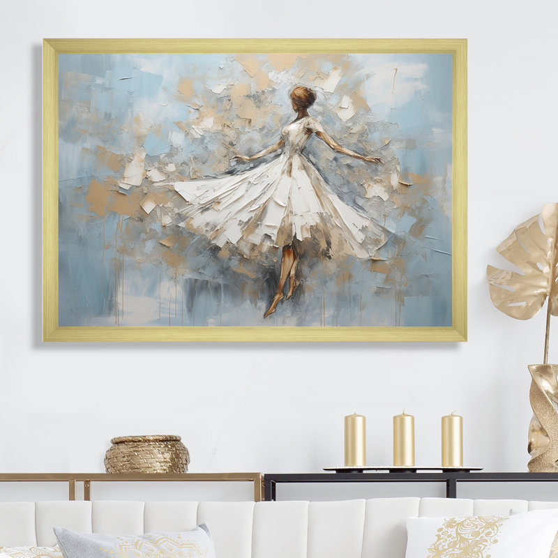 Minimalisme dansant blanc et bleu sur toile, H 44 po x l 34 po x P 1,5 po, Cadre doré simple