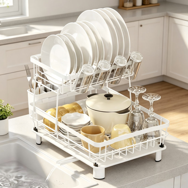 2-Tier Space Saving Dish Drying Rack with Cutlery Holder, White