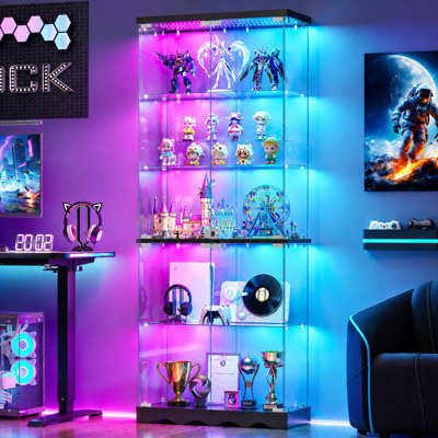 Full Glass Display Cabinet with RGB Lighting, 5-Tier Shelves and Lockable Door