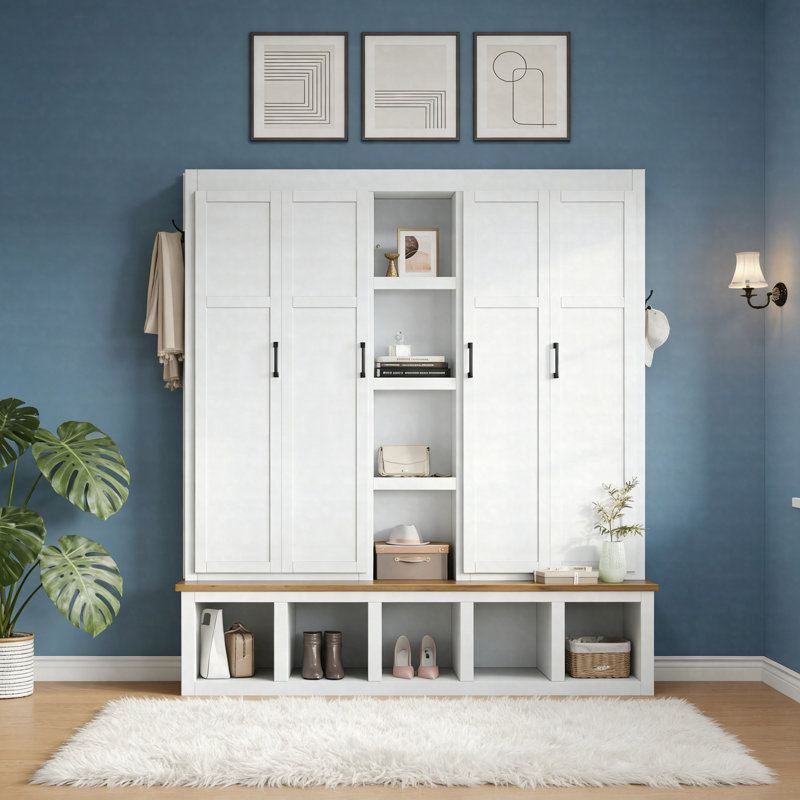 62.9" Farmhouse 4-In-1 Hall Tree With Shoe Storage Bench, Open Compartments & 6 Hooks, Wood Grain Entryway Organizer, White