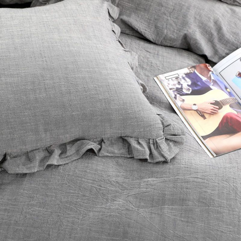3 Pieces Duvet Cover Set, Linen Solid Color Set with Exquisite Ruffles Design - NTBAY, King Duvet Cover + 2 Shams, Dark Gray