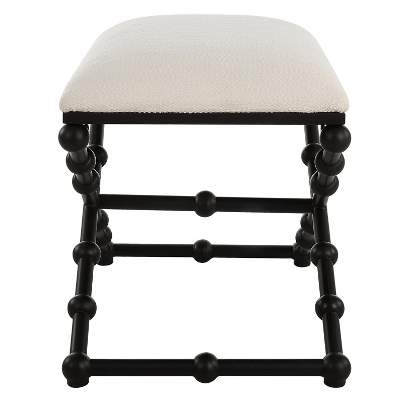 White Polyester Upholstered Bench with Black Iron Frame