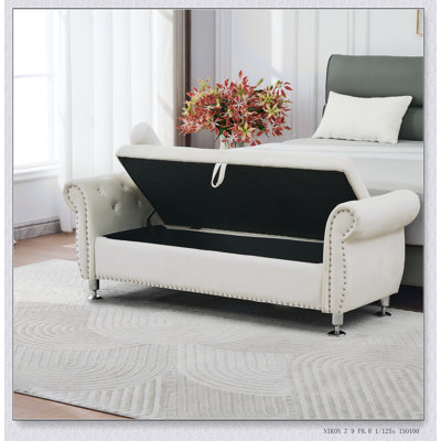 Banc de rangement en velours 62,2 pouces avec boutons en cristal et 1 coussin, parfait pour l'organisation de la chambre à coucher et du salon