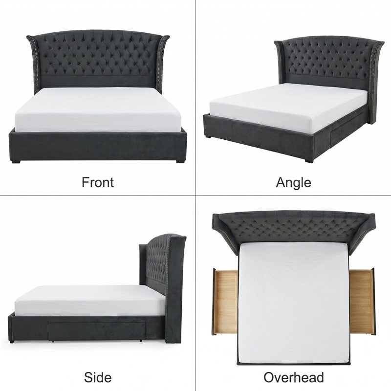 Button Tufted Wingback Velvet Upholstered Platform Bed with Storage Drawers, King, Black Velvet, King, Black