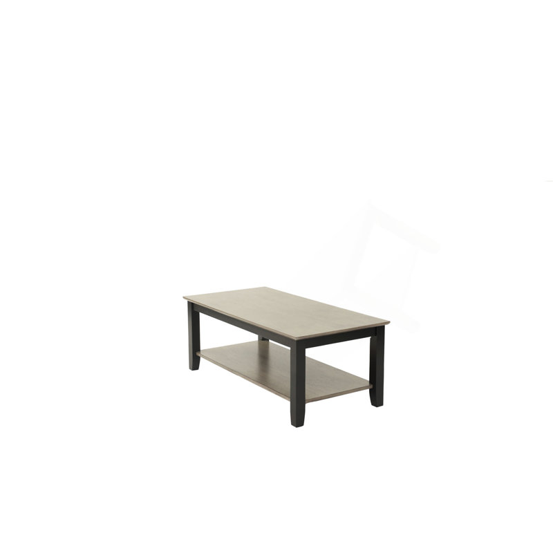 Table basse 1 pièce à finition bicolore grise et noire avec rangement sous le plateau en bois d'hévéa plaqué noyer