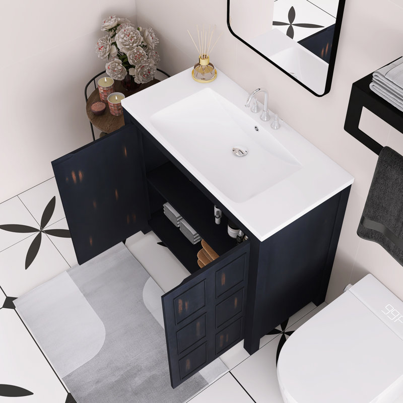Meuble-lavabo autoportant 36 po avec comptoir en résine et porte à fermeture en douceur 36 po, Noir