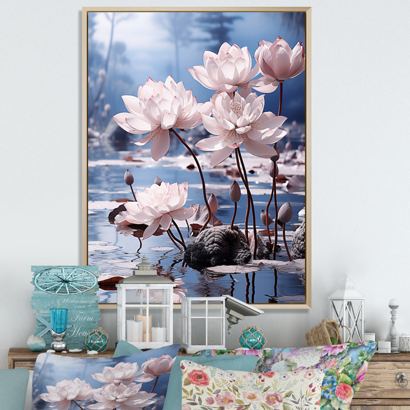 Égypte, fleurs de lotus I sur toile, Cadre naturel flottant, H 40 po x l 30 po x P 1,5 po