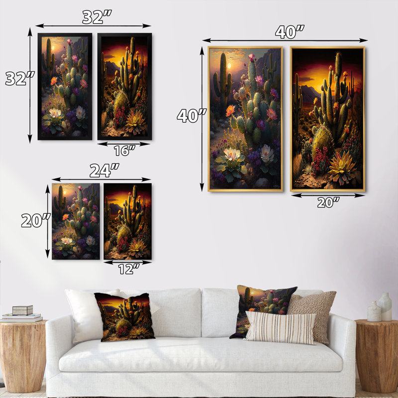 «Cactus In Desert», 2 pièces sur toile, H 40 po x l 40 po, Cadre noir