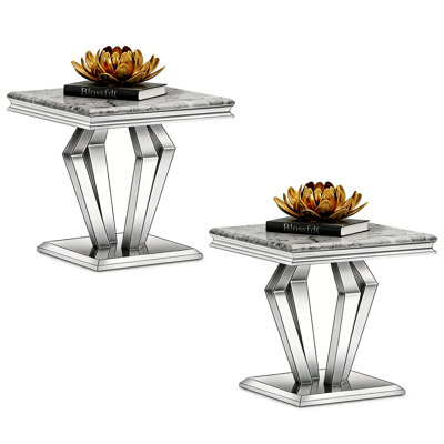 Silver And Grey End Table Set Of 2, Luxury Square Side Table With 4 Mirrored Geometric Bases