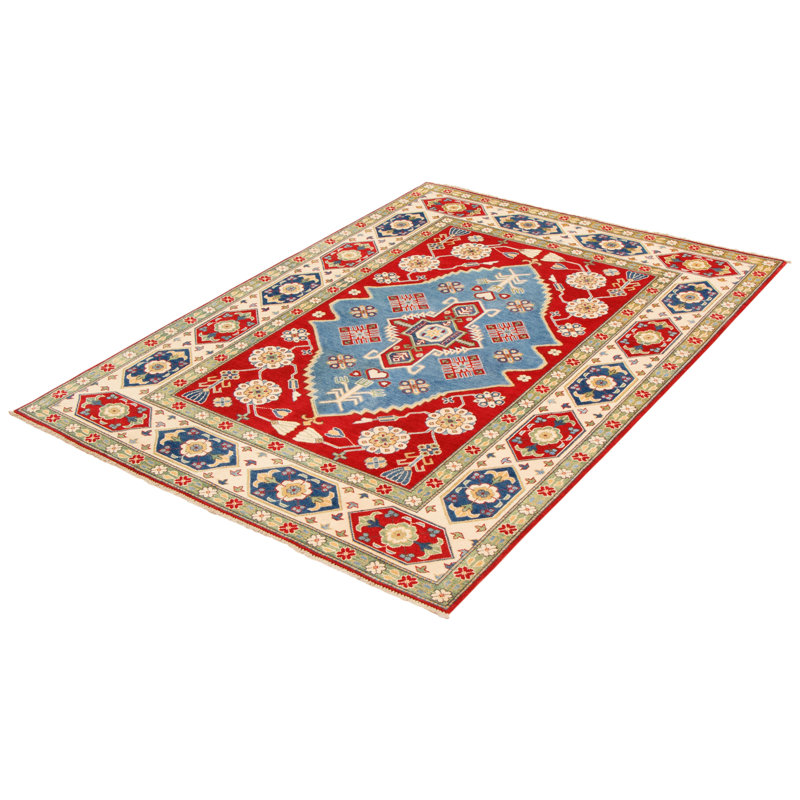 Tapis rouge en laine noué à la main de conception unique 6 pi 6 po x 8 pi 10 po nouvel âge Morciglio