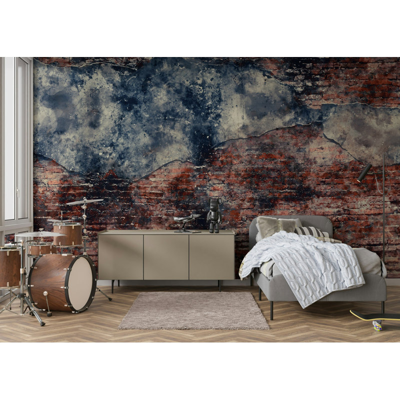 Rustic Red Brick and Blue Plaster Wallpaper, 75" L  x 112" W