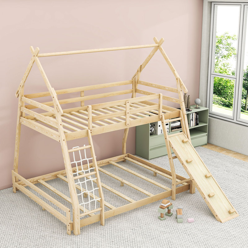 Twin Over Queen Wooden Bunk Bed With House-Shaped Design, Climbing Ramp And Nets, Natural
