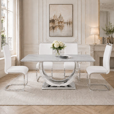 Ensemble de salle à manger moderne 5 pièces avec table en faux marbre et chaises en porte-à-faux rembourrées