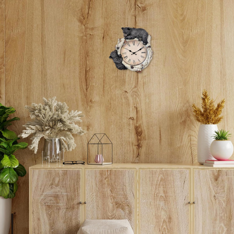 Resin Rustic Wall Clock Black Bear Cubs on Birch Design 13.3"