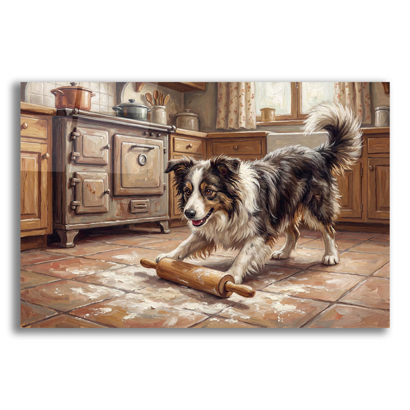  «Border Collie In The Kitchen» par Rich Monet, art mural en verre acrylique, 24 po x 16 po, H 16 po x l 24 po