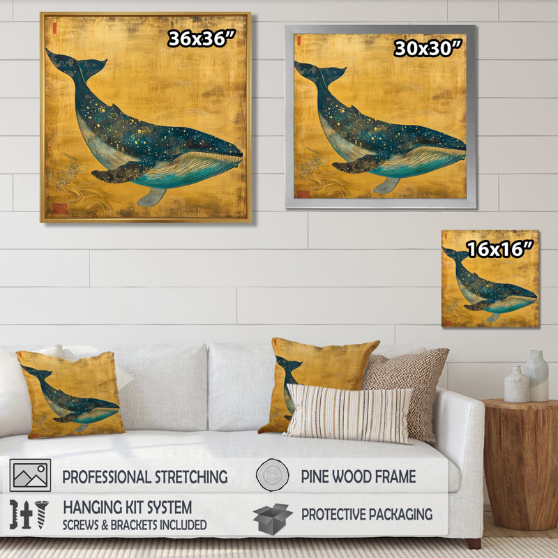 Amyerra - baleine, art mural, H 30 po x l 30 po x P 1 po, Toile avec cadre flottant noir