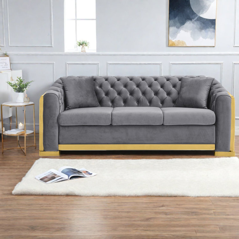 Canapés modernes, Chesterfield en velours gris de 81 pouces avec acier doré pour la maison