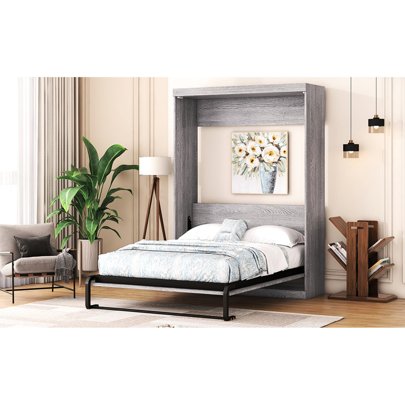 Lit double, gris, style armoire - Combinaison solide de métal et de bois gris, pliable dans un cadre solide Assemblage facile