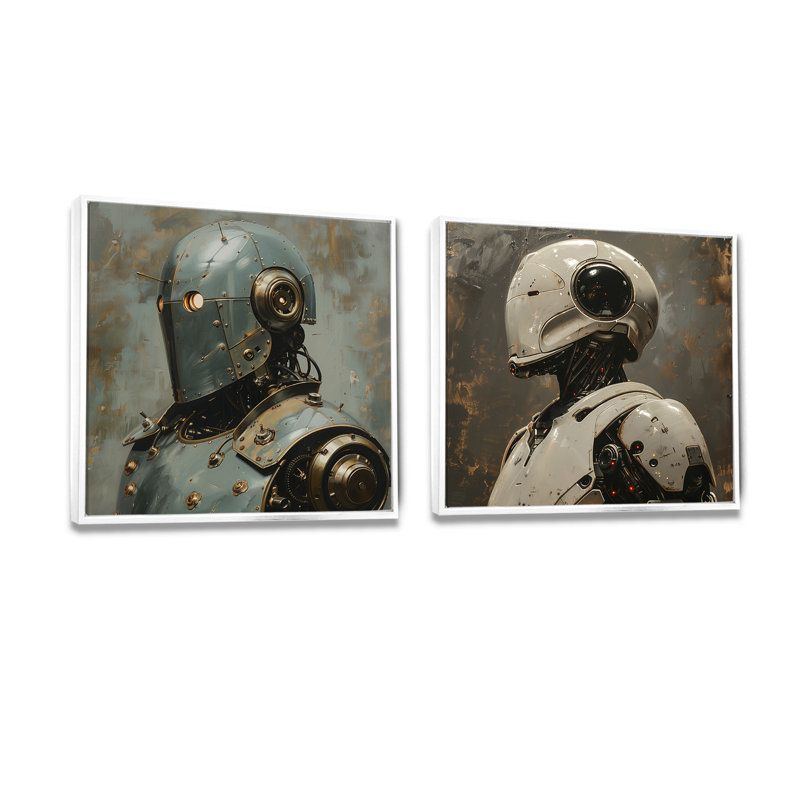 Blanc majestueux en métal Robot I - décoration murale Robots - art mural moderne 2 pièces, H 36 po x l 73 po, White