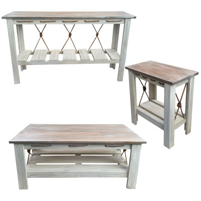 Ensemble de table en bois noué vieilli. 1 - table de canapé en bois, 1 table basse en bois, 2 - 14 tables de bout rectangulaires en bois