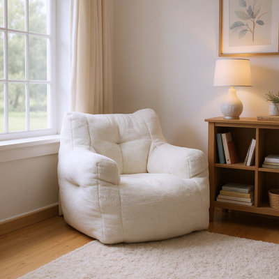 Compression 37"W Soft Teddy Adult Foam Filled Bean Bag Chairs,Ivory White