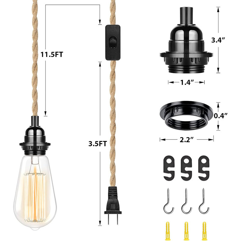 Plug in Hanging Light Fixture, 15FT Pendant Lamp Lights Cord with Switch Cord E26 Bulbs Socket