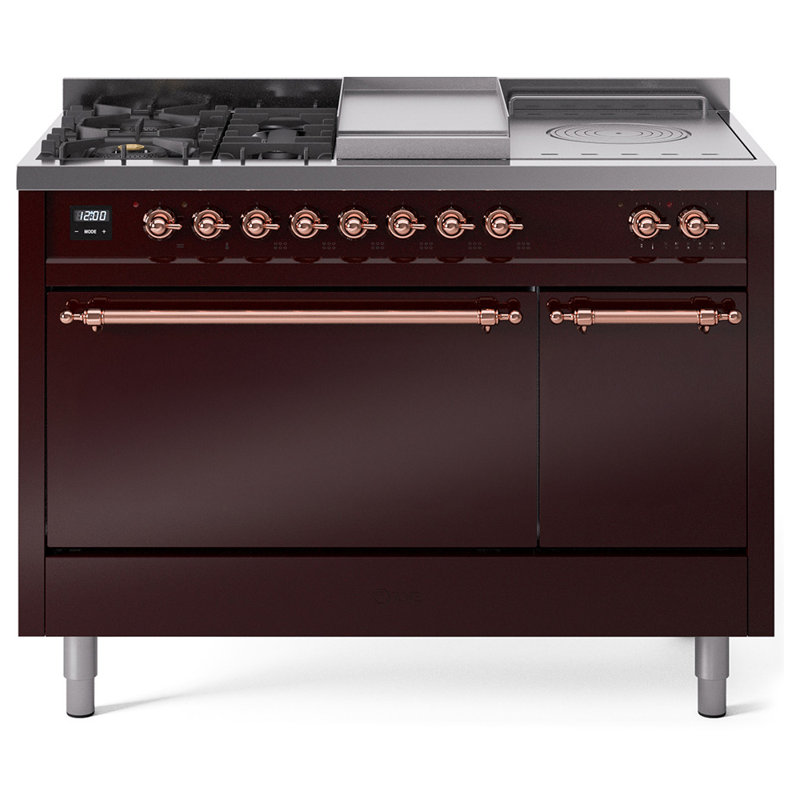 ILVE Nostalgie II 48 in Dual Fuel Range, 5 Burner, Griddle, Frenchtop, Liquid Propane, Burgundy/Copper