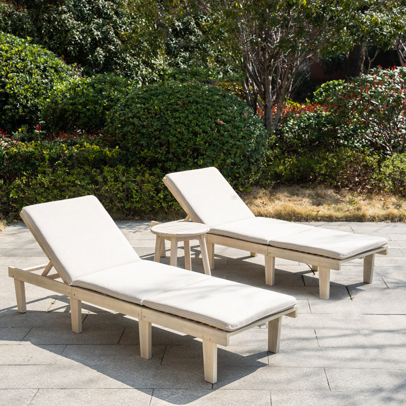 Outdoor Acacia Wood Chaise Lounge Set With Table , Cushion Included, 2