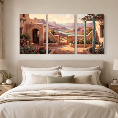 «Desert Adobe Courtyard with River Canyon View», ensemble de 3 toiles murales
