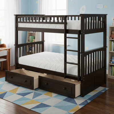 Solid Wood Twin Over Twin Bunk Bed with Drawers, Convertible 2 Beds for Boys& Girls
