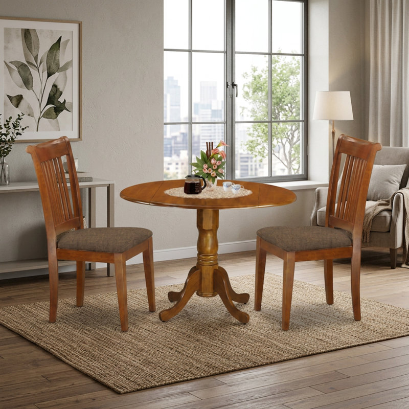 Ensemble de table et de salle à manger ronde en bois brun selle de style asiatique avec abattant, 3 pièces
