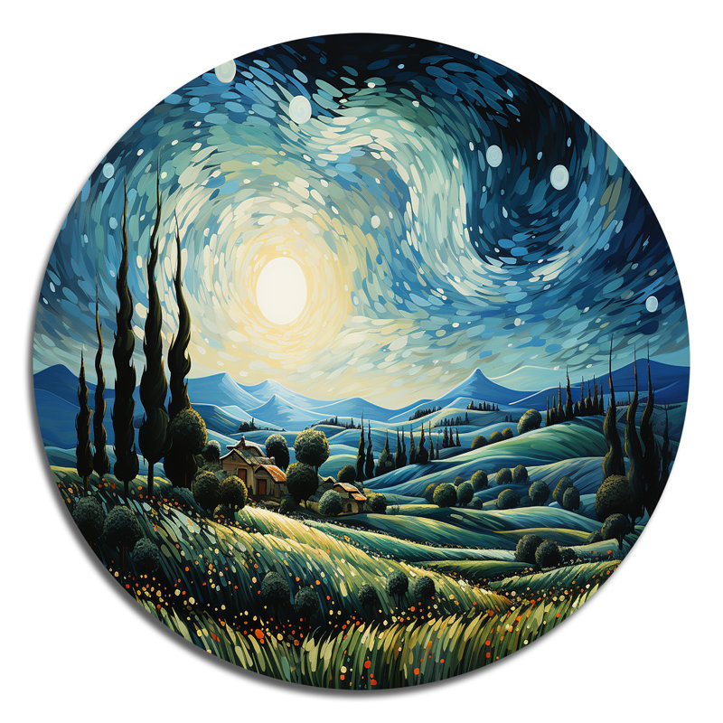 Vangogh The Swaying Cypress I - Landscapes Round Metal Art, H 16 po x l 16 po