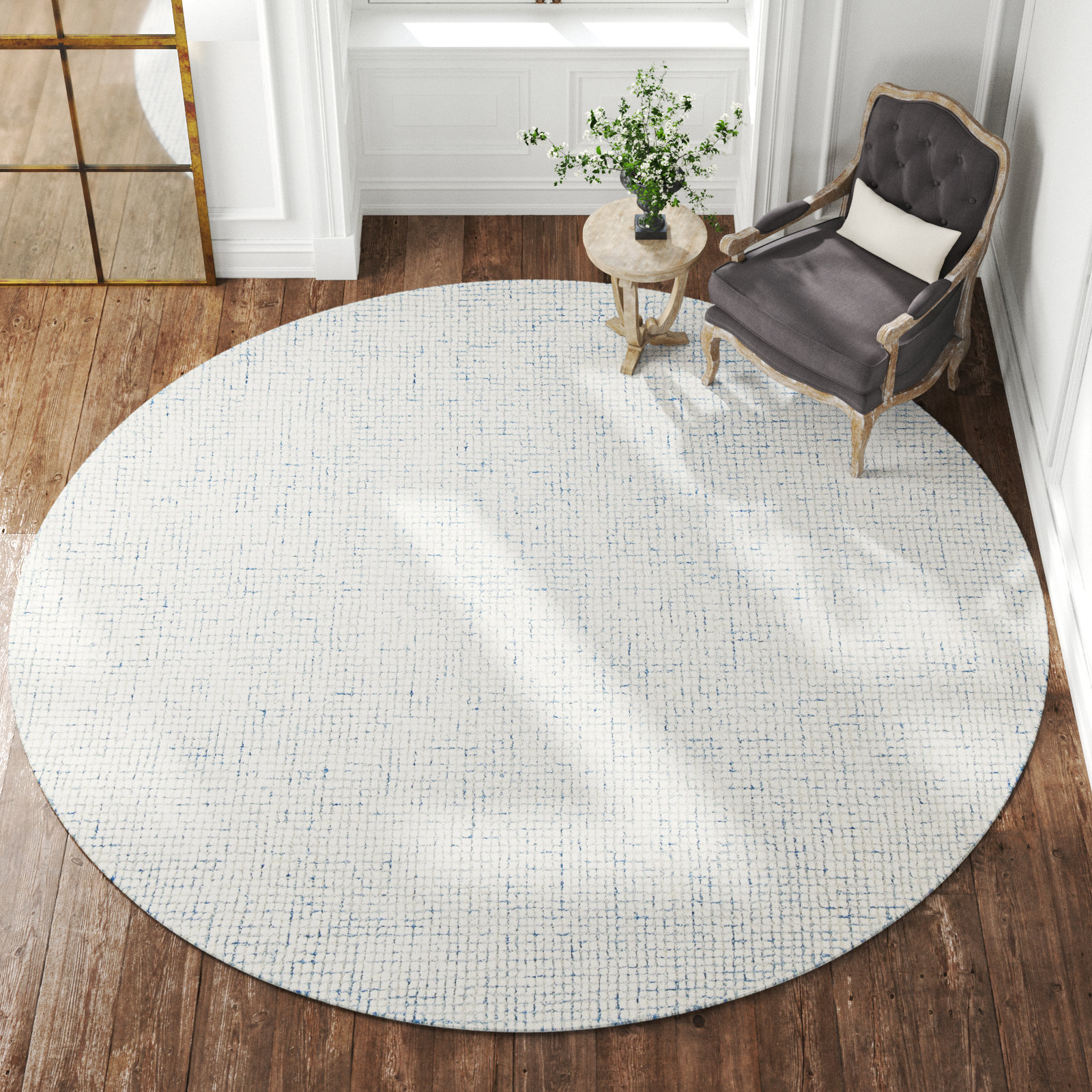 Rowe Ivory Blue Hand-Tufted Striped Rug, Round 4'