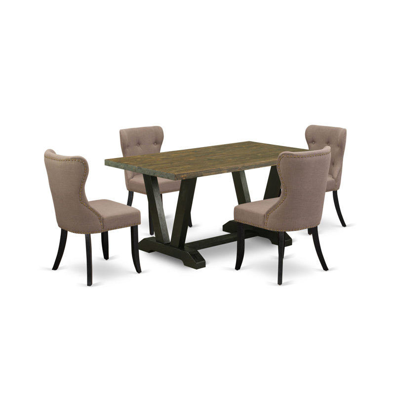 Coffee Linen Fabric 5-Piece Trestle Dining Set