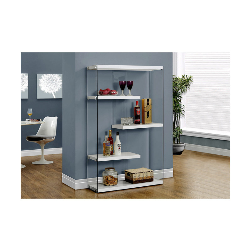 Bookshelf, Bookcase, Etagere, 5 Tier, 60"H, Office, Bedroom, Glossy White Laminate, Clear Tempered Glass, Contemporary, Modern