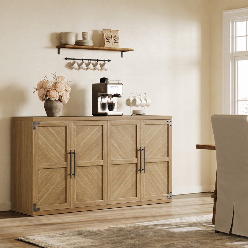 Buffet de rangement grande capacité de 61,3 po avec tablettes réglables et 4 portes, Brun chêne